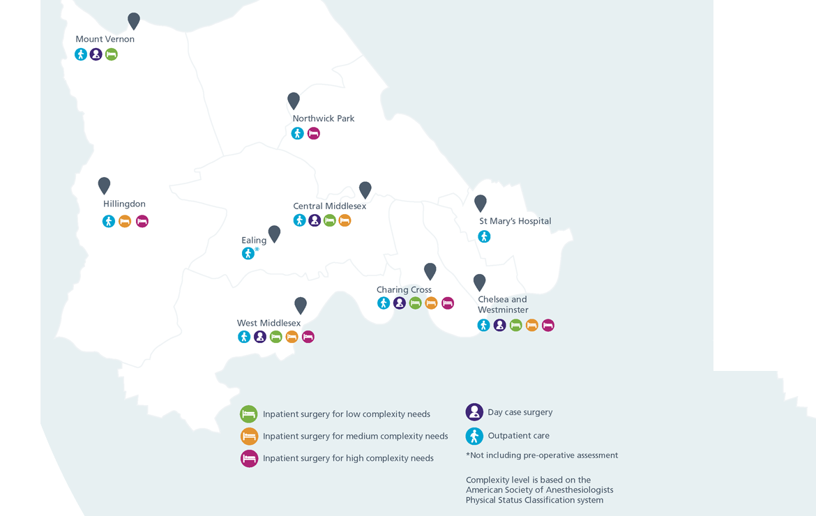 North west London map illustrating previous provision of orthopaedic services